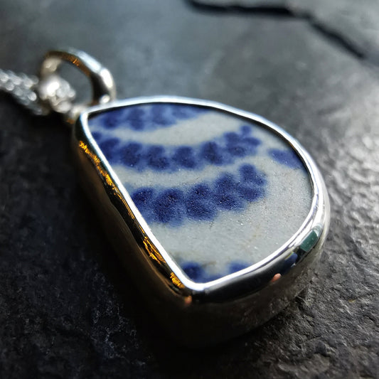 Scottish double sided beach pottery blue willow pattern pendant, silver necklace - monopatin