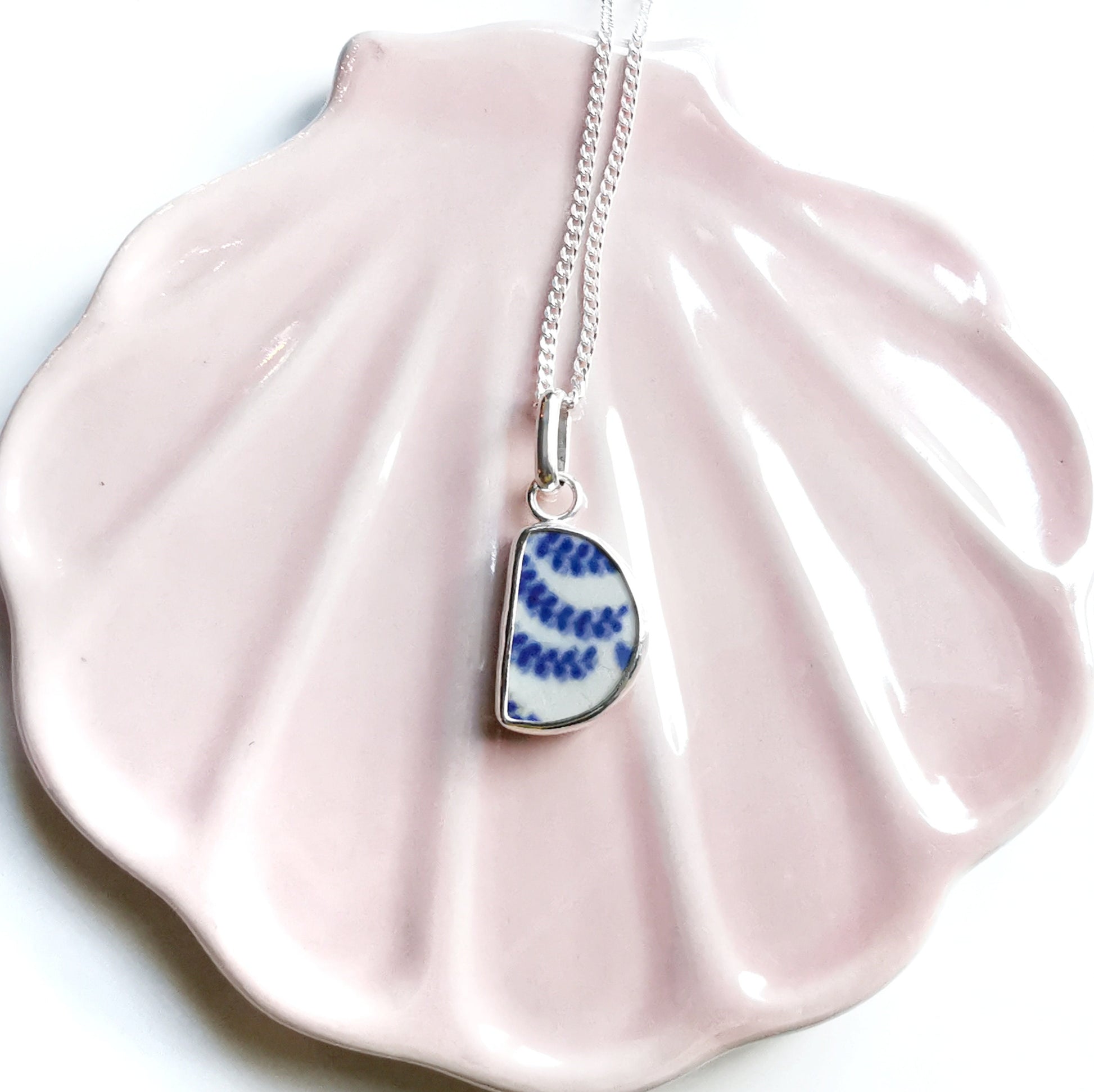 Scottish double sided beach pottery blue willow pattern pendant, silver necklace - monopatin