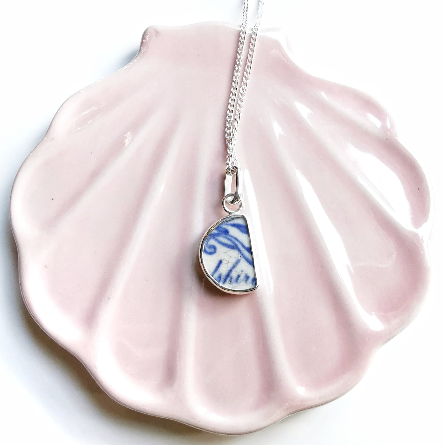 Scottish double sided beach pottery blue willow pattern pendant, silver necklace - monopatin