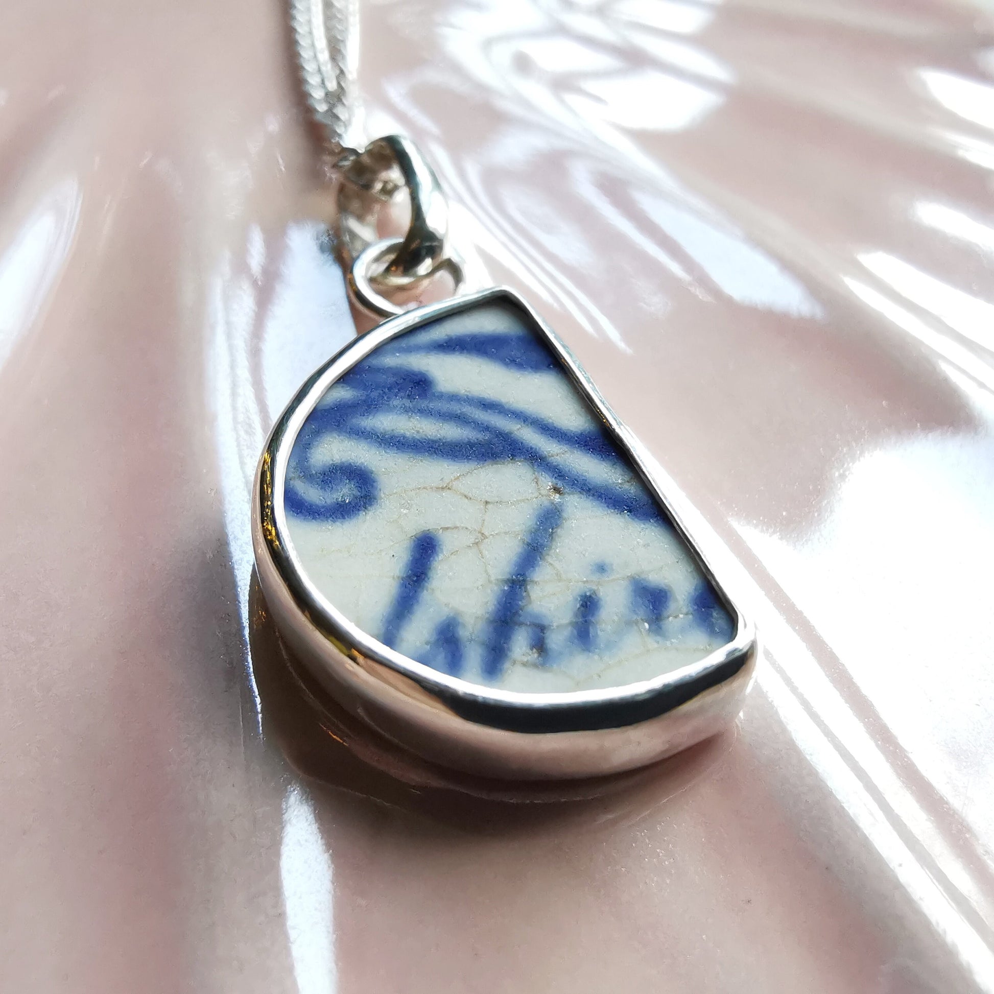 Scottish double sided beach pottery blue willow pattern pendant, silver necklace - monopatin