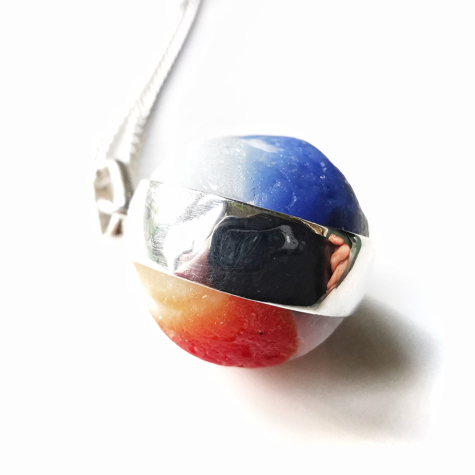 Genuine red, blue and white sea glass marble pendant, sterling silver necklace - monopatin