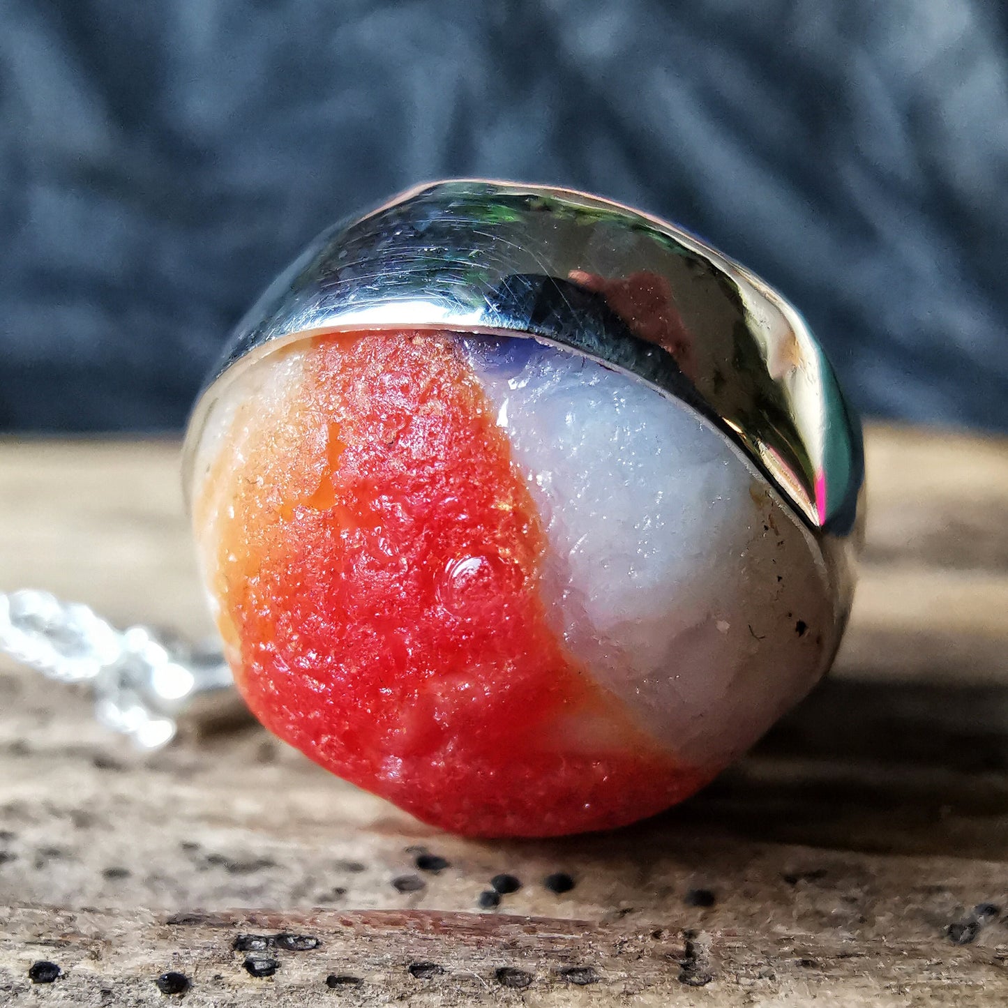 Genuine red, blue and white sea glass marble pendant, sterling silver necklace - monopatin