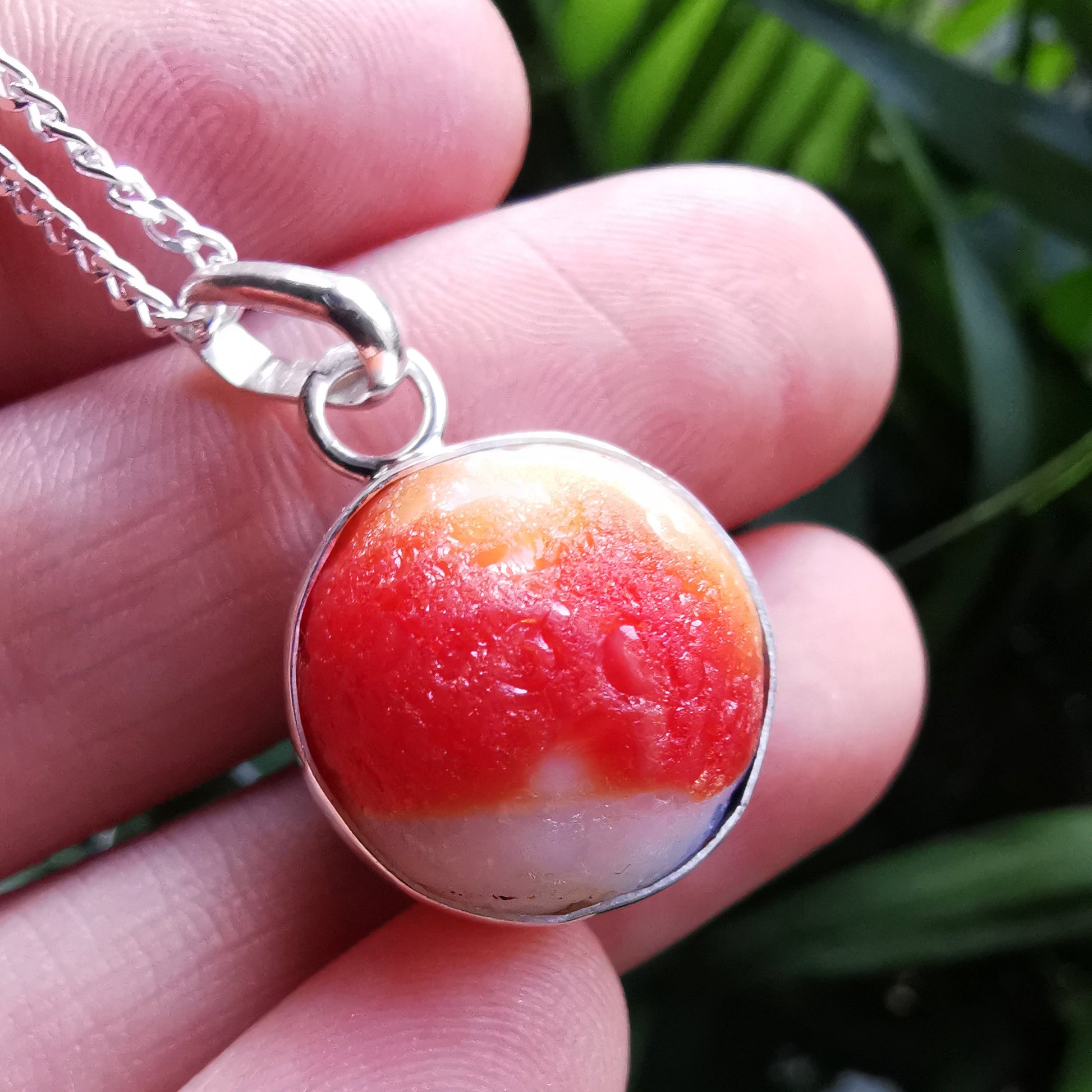 Genuine red, blue and white sea glass marble pendant, sterling silver necklace - monopatin