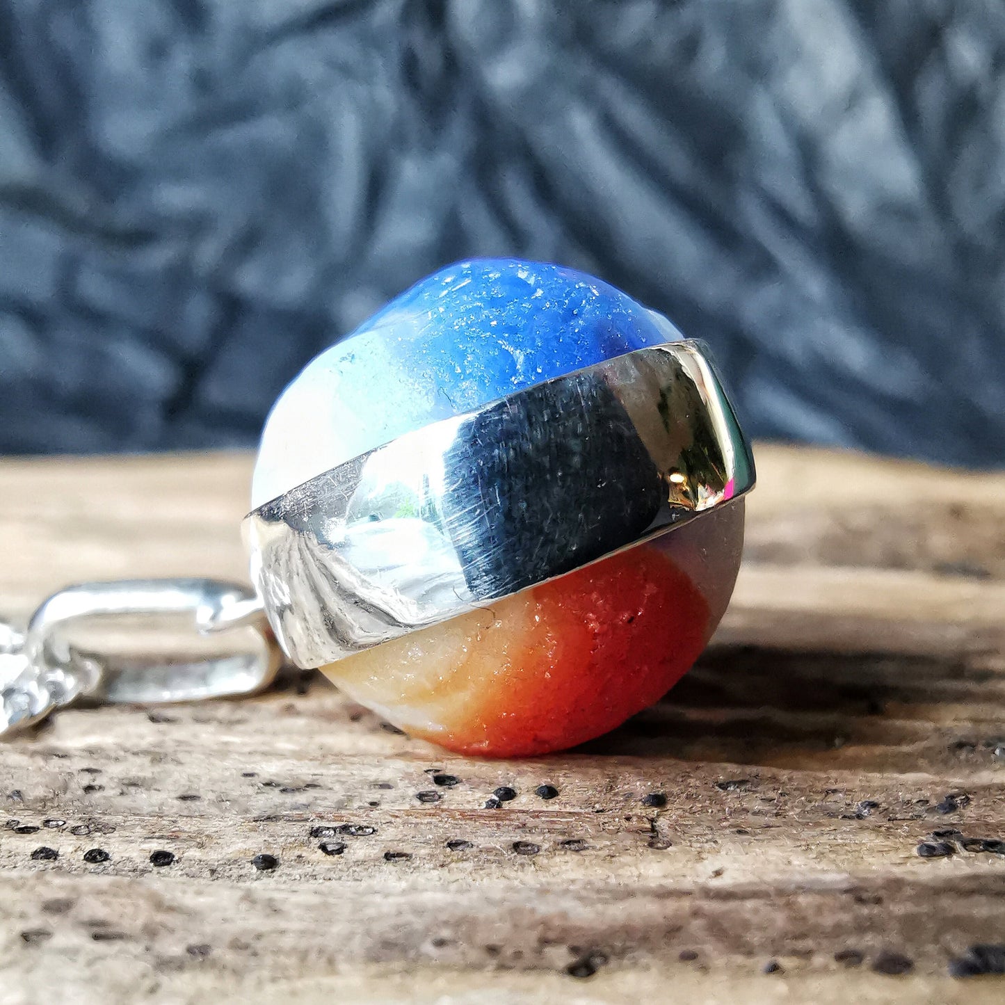 Genuine red, blue and white sea glass marble pendant, sterling silver necklace - monopatin