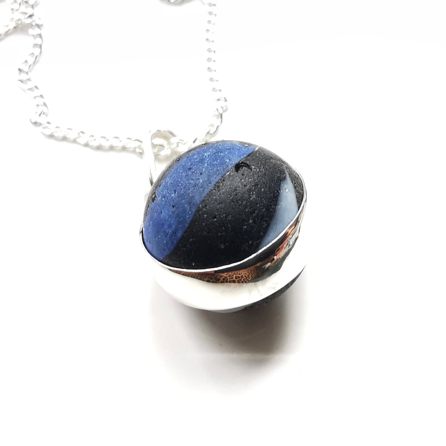 Genuine Scottish black sea glass marble pendant, silver necklace - monopatin