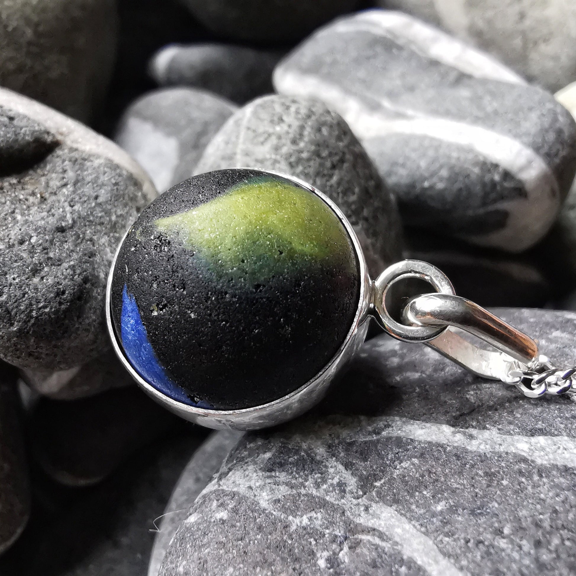 Genuine Scottish black sea glass marble pendant, silver necklace - monopatin