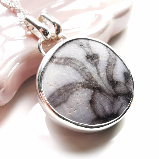 Scottish black and white beach pottery pendant, sterling silver necklace - monopatin