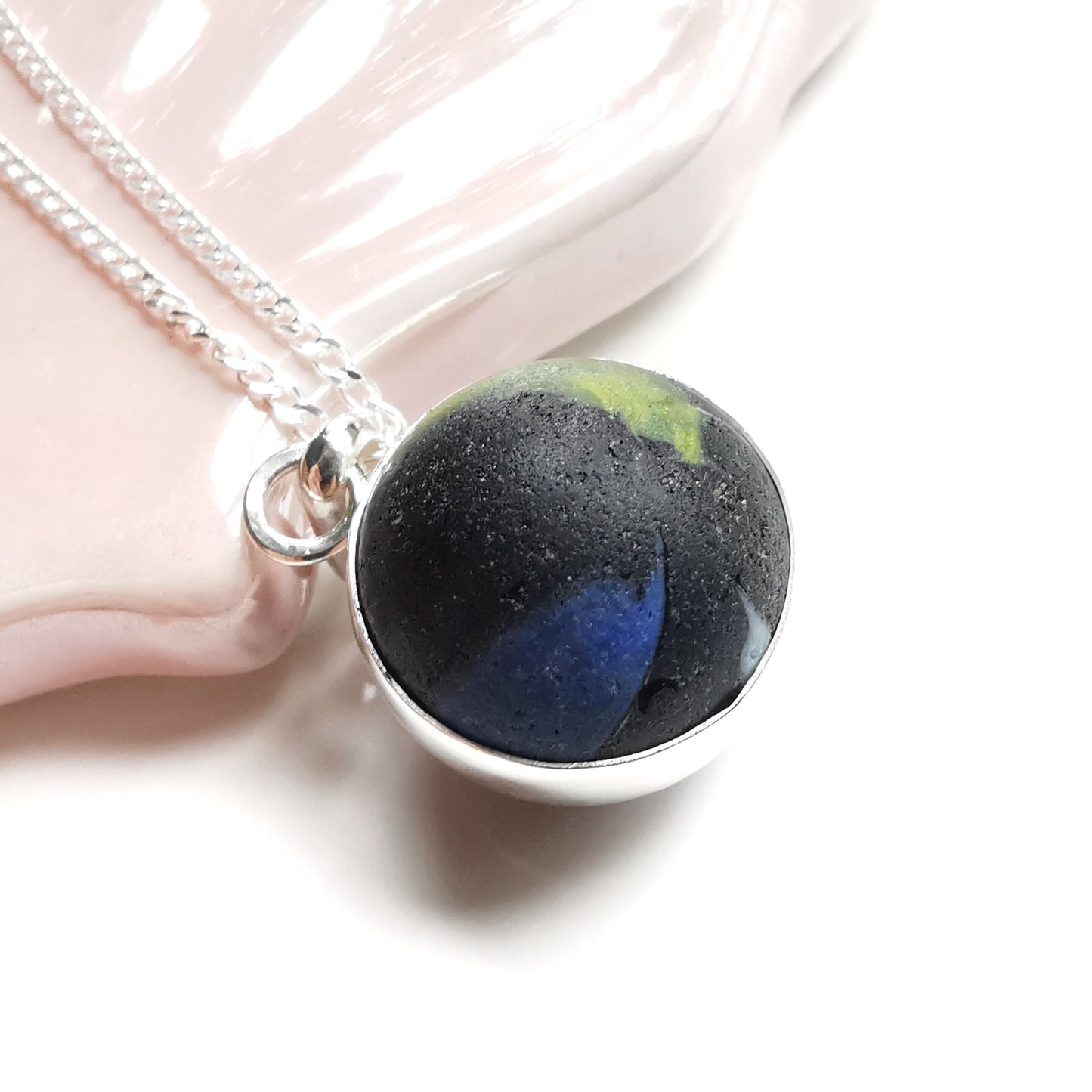 Genuine Scottish black sea glass marble pendant, silver necklace - monopatin