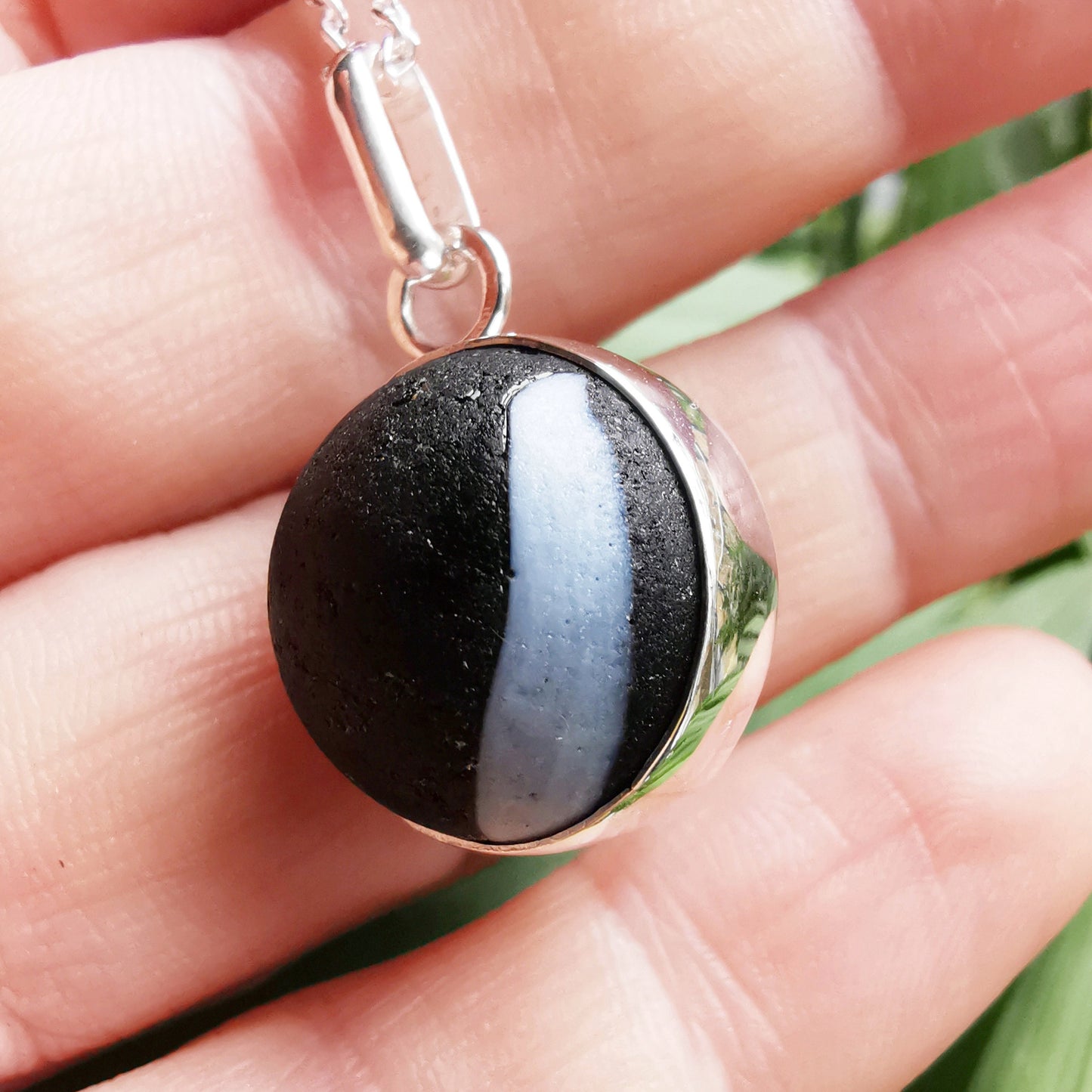 Genuine Scottish black sea glass marble pendant, silver necklace - monopatin