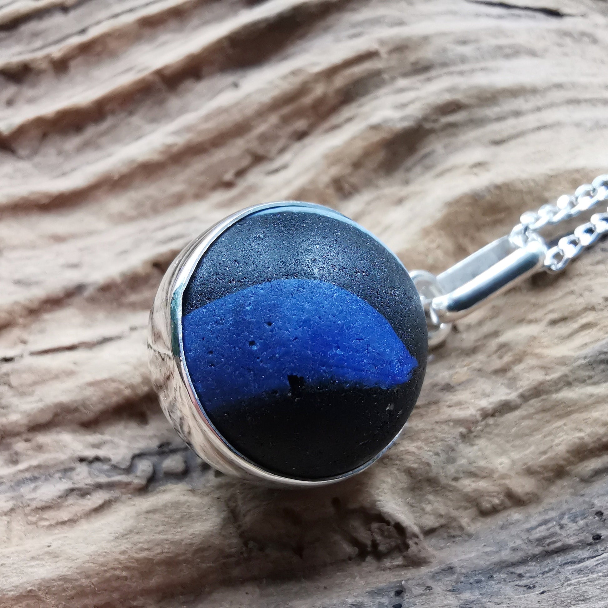 Genuine Scottish black sea glass marble pendant, silver necklace - monopatin