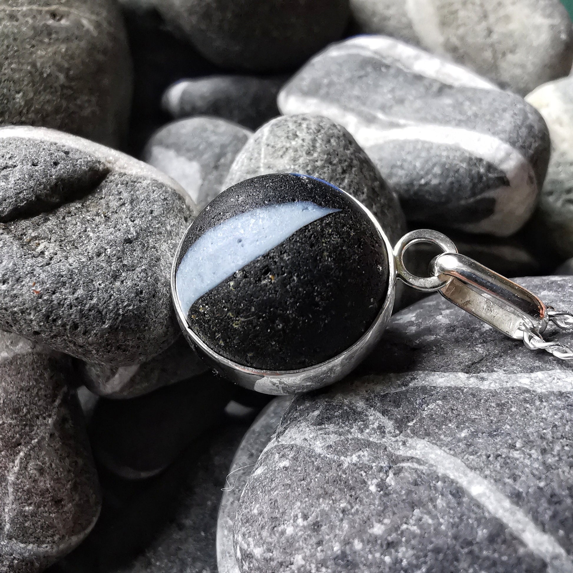 Genuine Scottish black sea glass marble pendant, silver necklace - monopatin