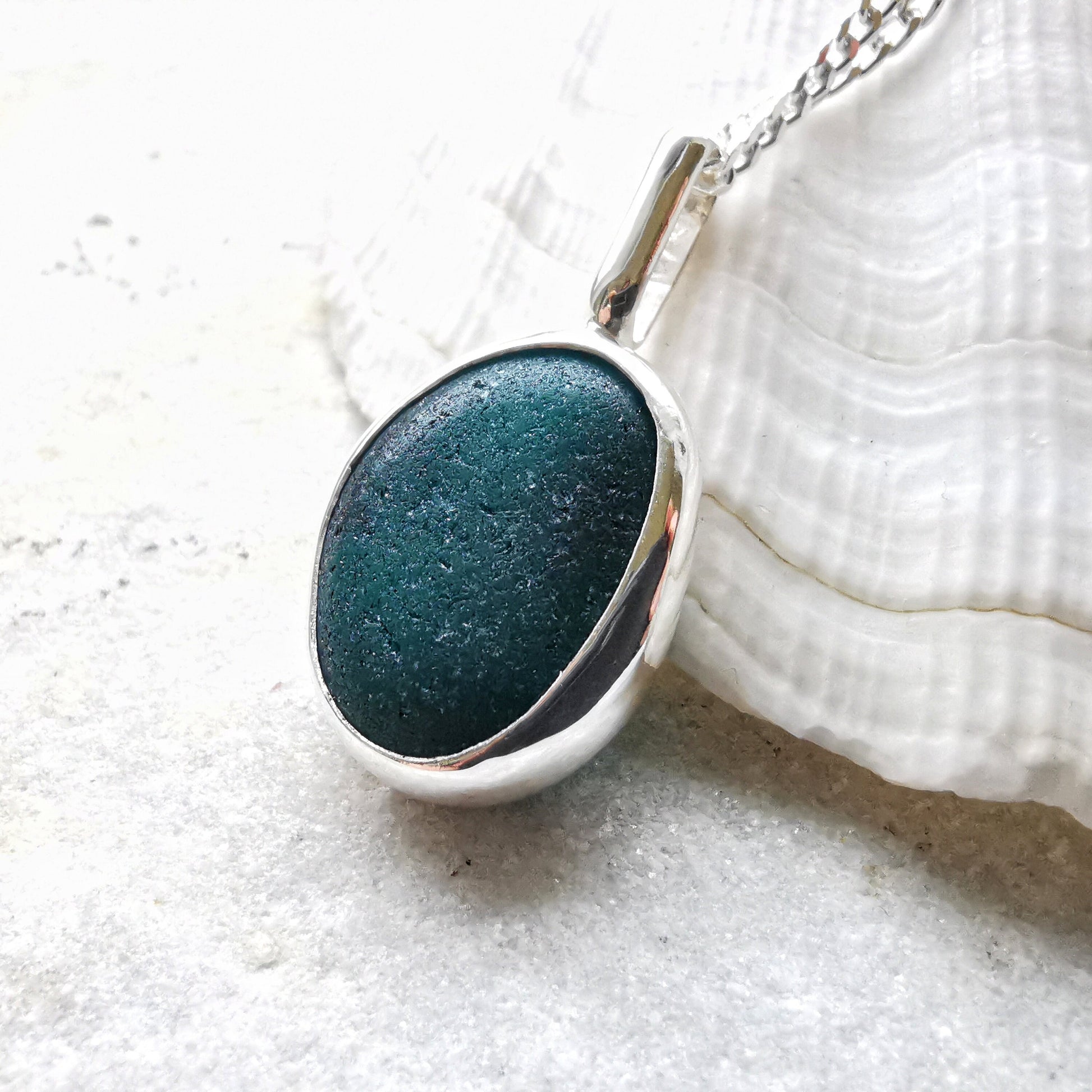 Black/teal Seaham sea glass pedant, sterling silver necklace - monopatin