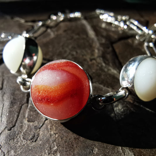 Genuine Scottish red and white sea glass marbles trio, sterling silver necklace - monopatin