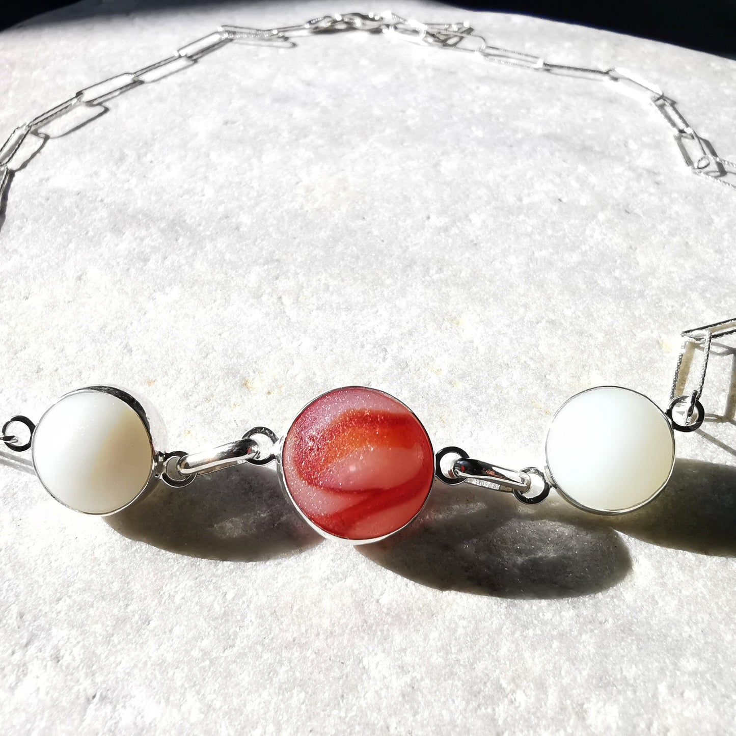 Genuine Scottish red and white sea glass marbles trio, sterling silver necklace - monopatin