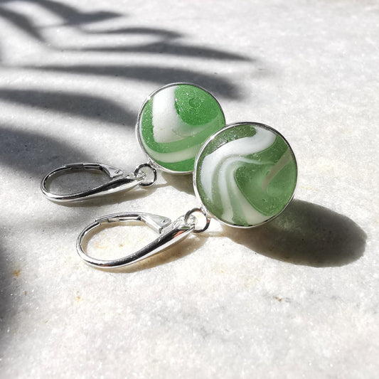 Genuine Scottish green and white sea glass marbles and sterling silver earrings - monopatin