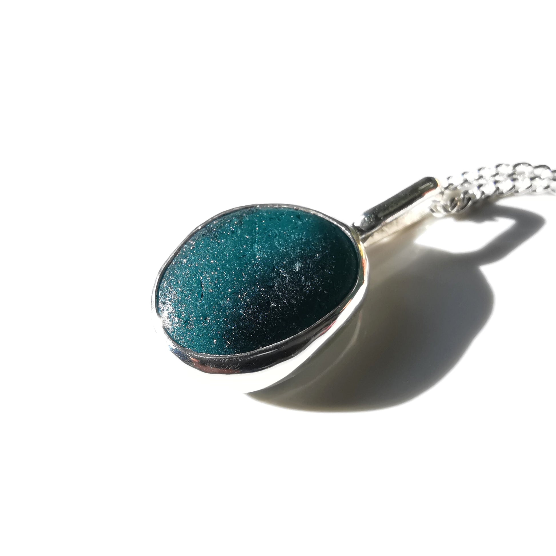 Black/teal Seaham sea glass pedant, sterling silver necklace - monopatin