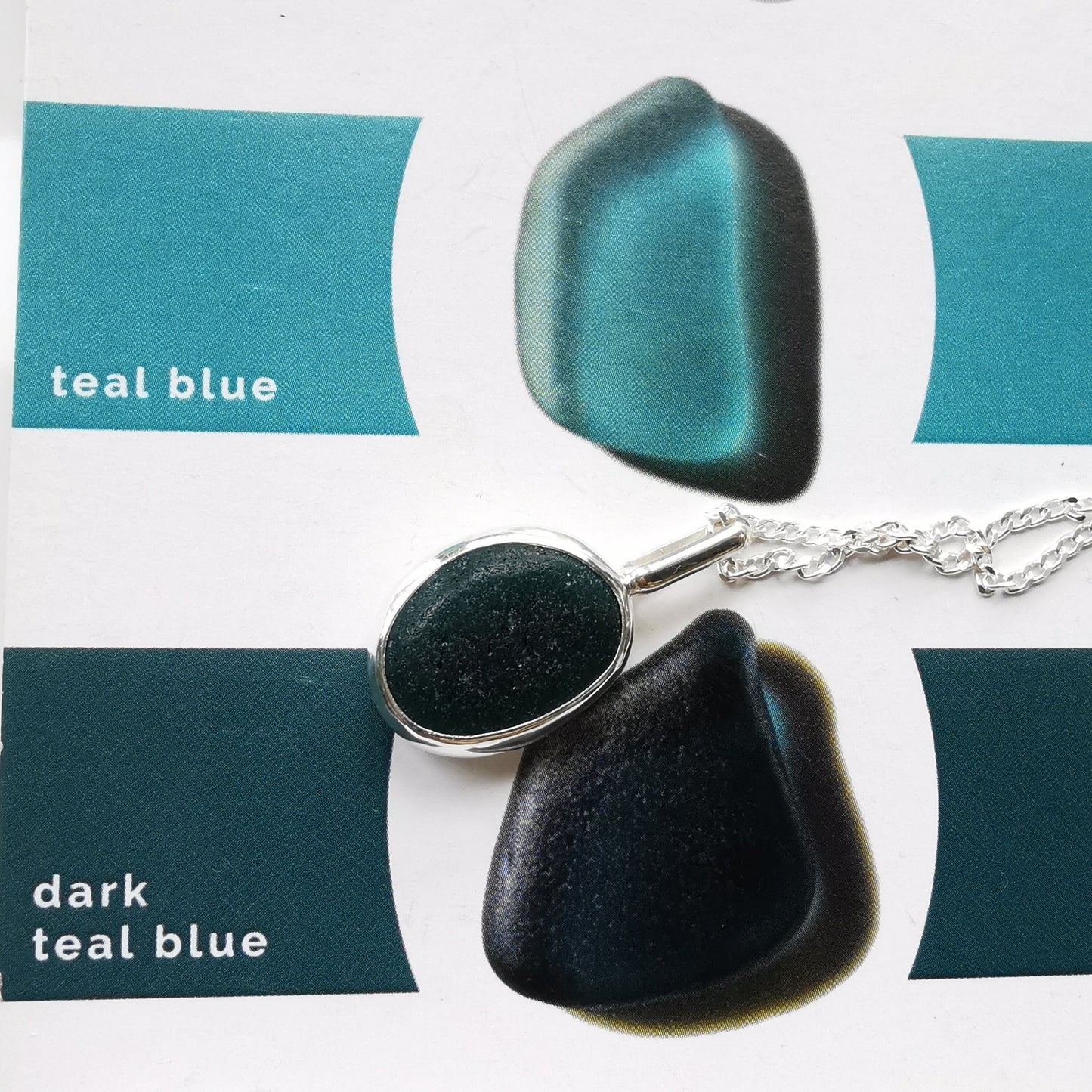 Black/teal Seaham sea glass pedant, sterling silver necklace - monopatin