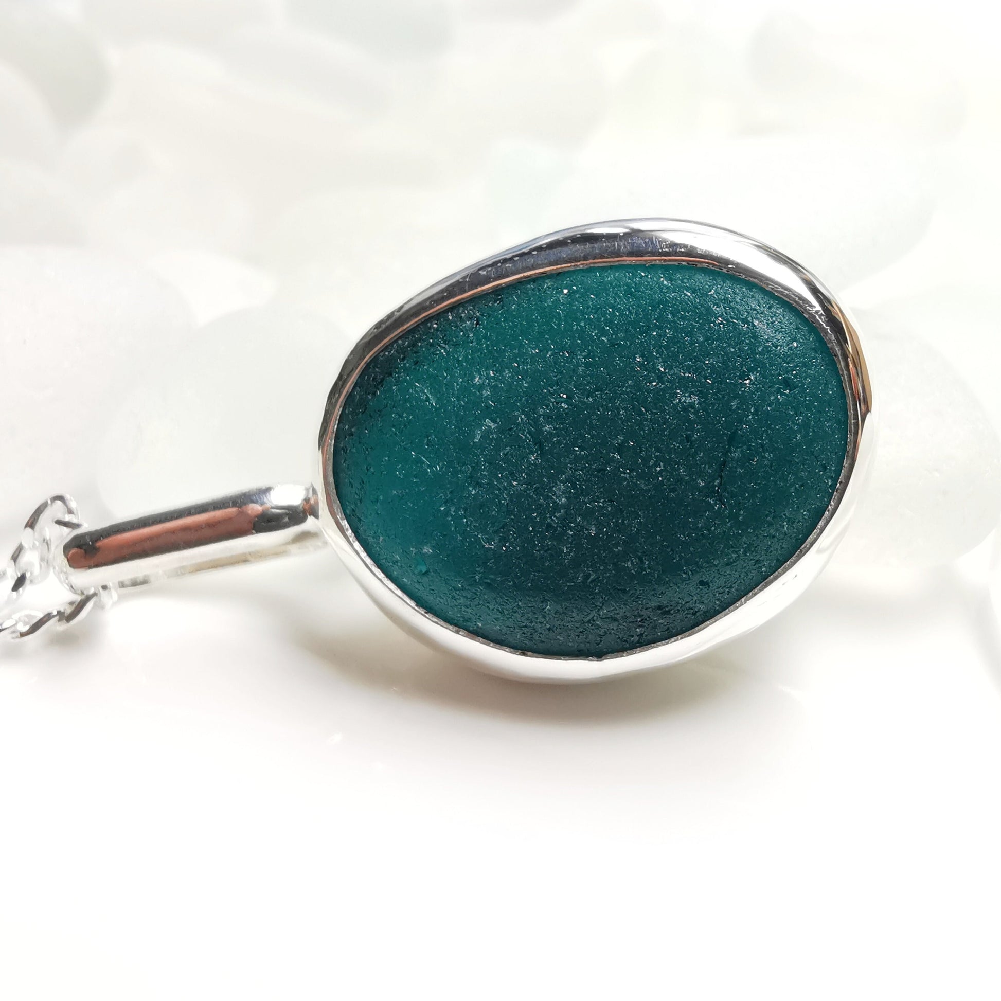 Black/teal Seaham sea glass pedant, sterling silver necklace - monopatin