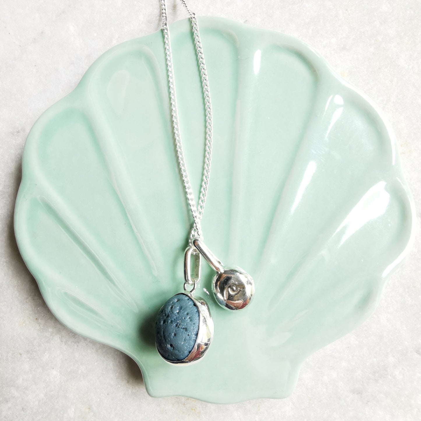 Seaham slag glass bubble and silver pebble wave pendants, sterling silver necklace - monopatin