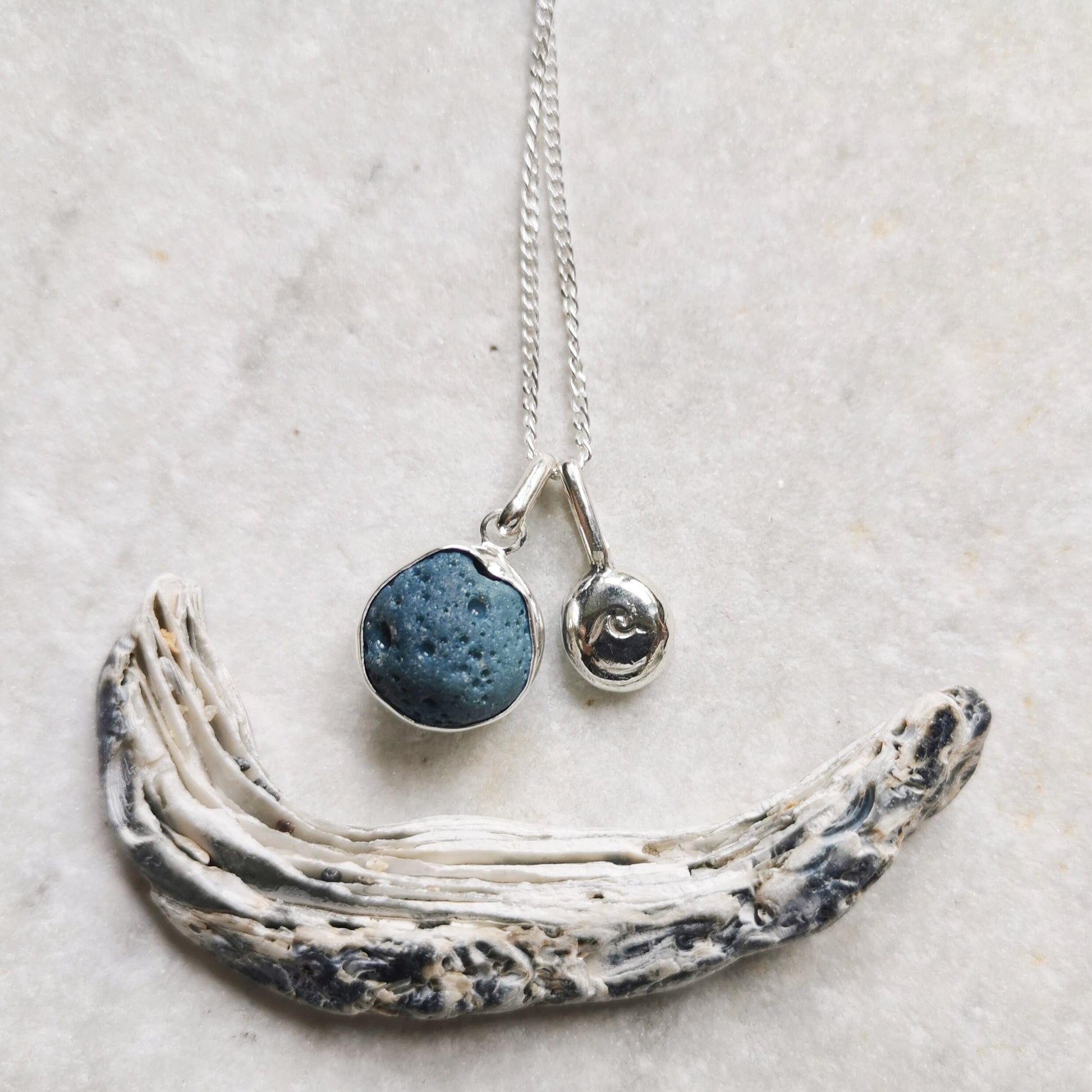 Seaham slag glass bubble and silver pebble wave pendants, sterling silver necklace - monopatin