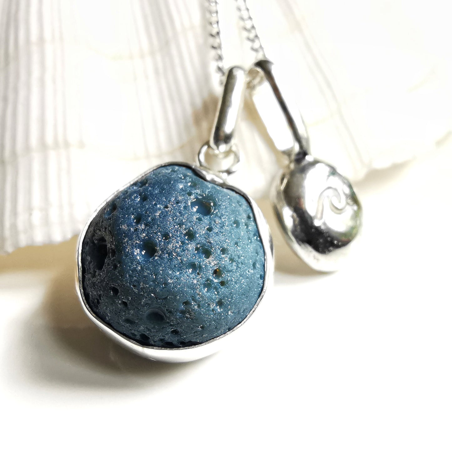 Seaham slag glass bubble and silver pebble wave pendants, sterling silver necklace - monopatin