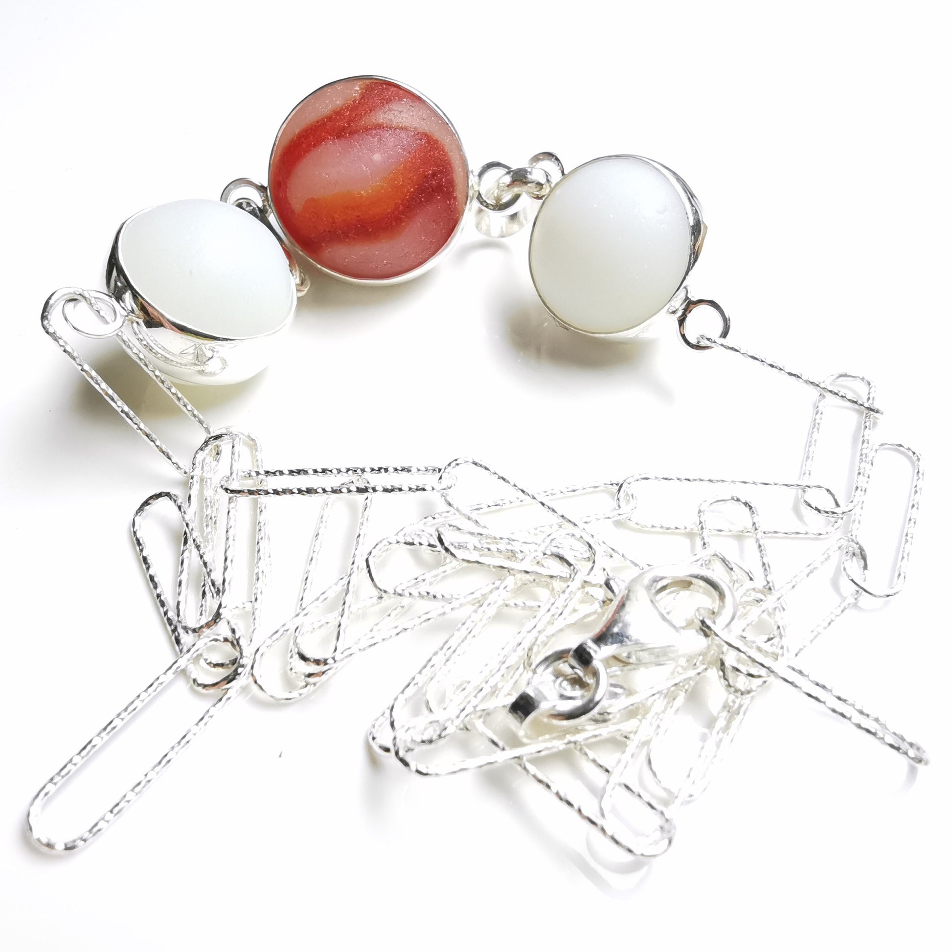 Genuine Scottish red and white sea glass marbles trio, sterling silver necklace - monopatin