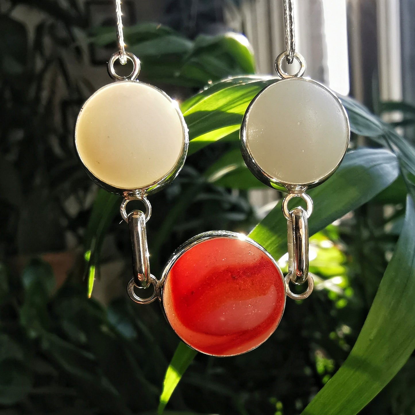 Genuine Scottish red and white sea glass marbles trio, sterling silver necklace - monopatin