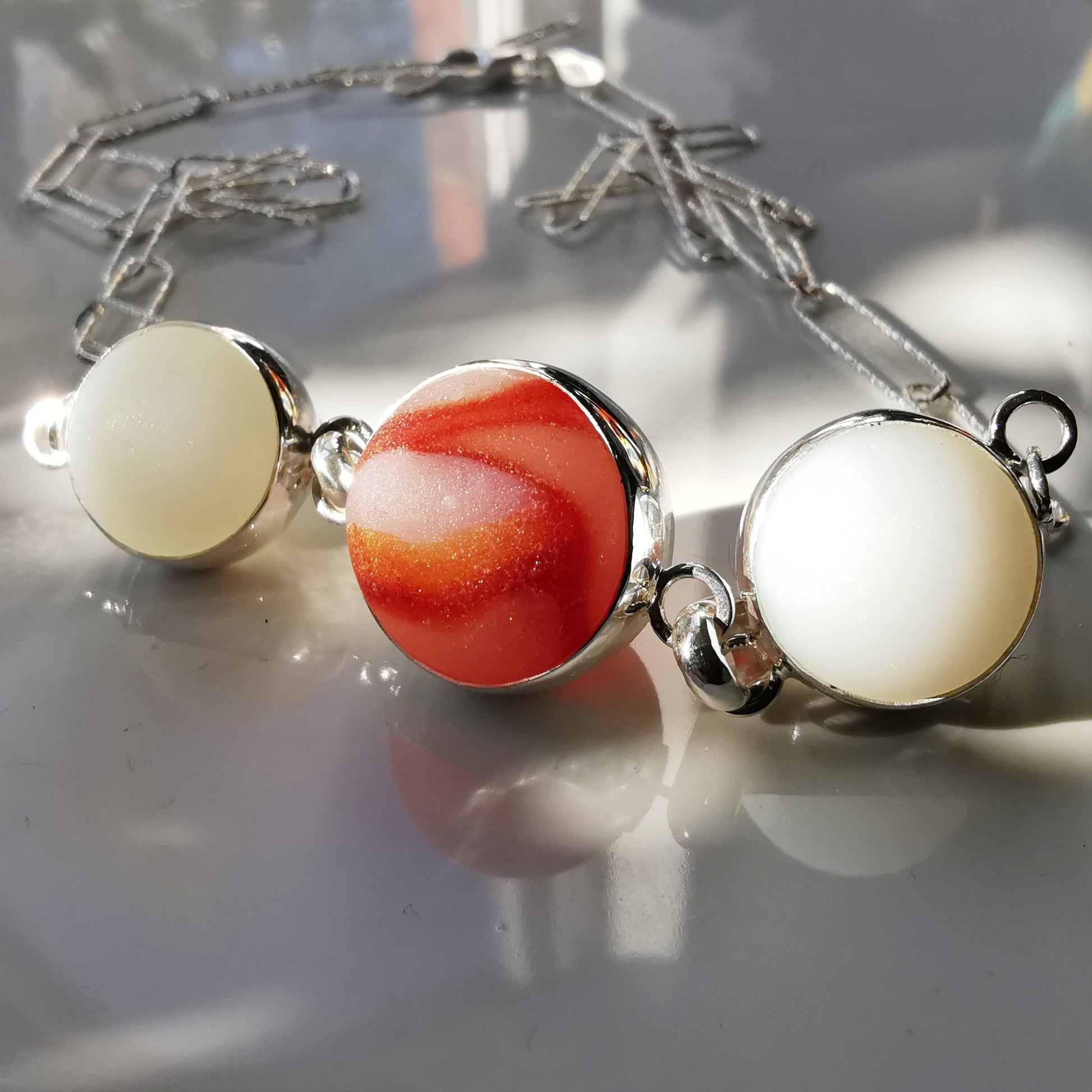 Genuine Scottish red and white sea glass marbles trio, sterling silver necklace - monopatin