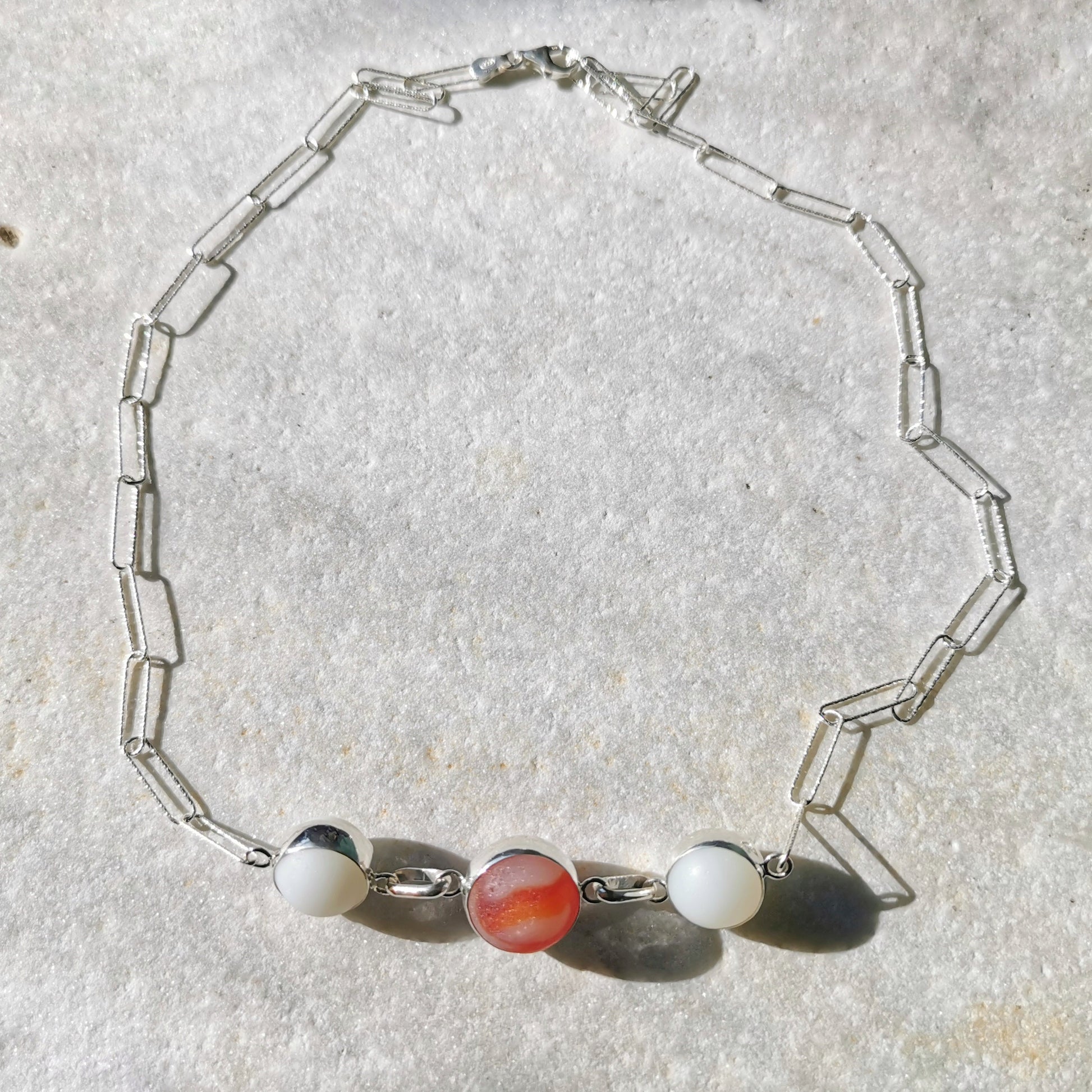 Genuine Scottish red and white sea glass marbles trio, sterling silver necklace - monopatin