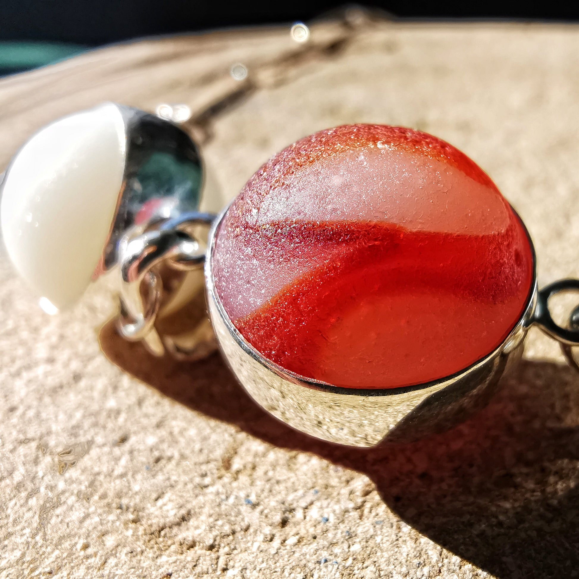 Genuine Scottish red and white sea glass marbles trio, sterling silver necklace - monopatin