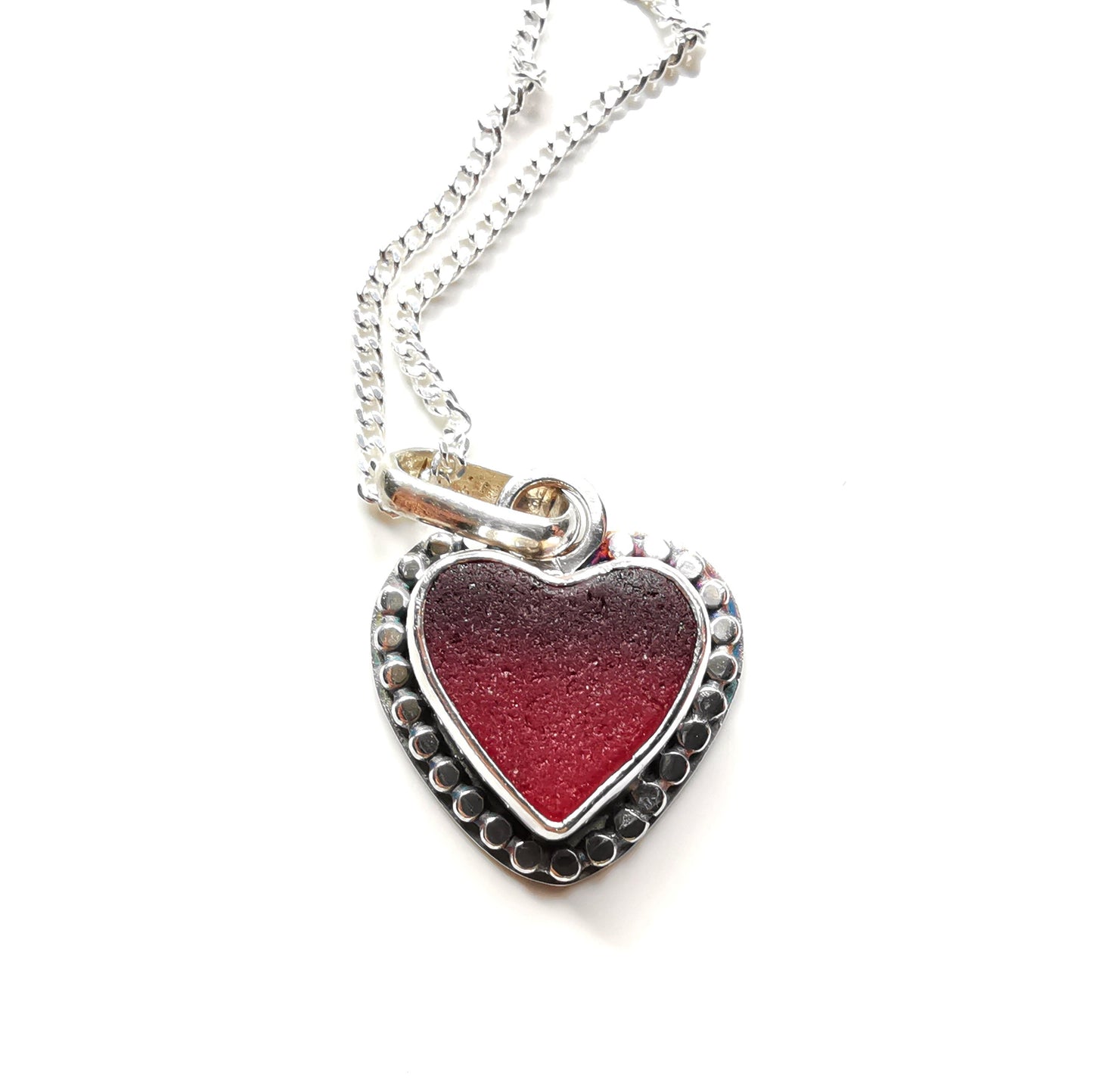 Burgundy red sea glass heart pendant, sterling silver necklace - monopatin