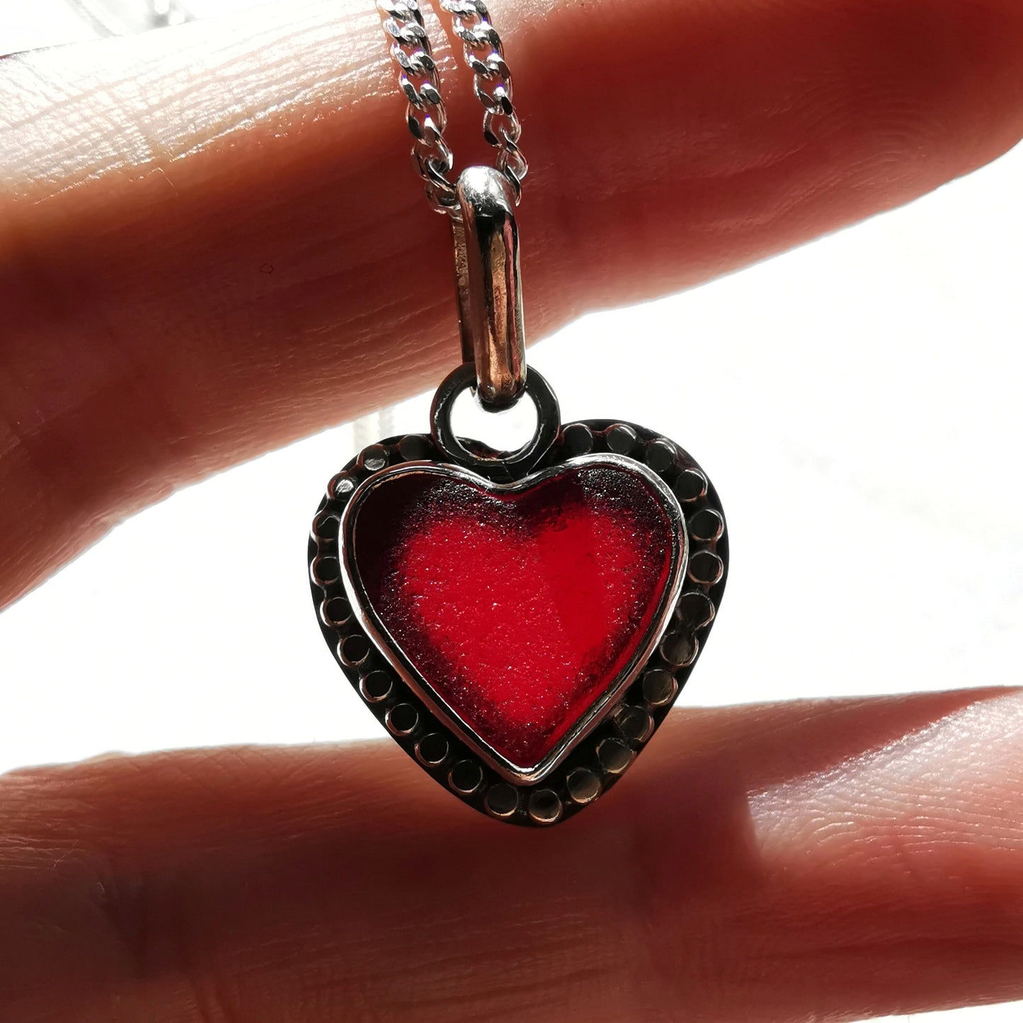Burgundy red sea glass heart pendant, sterling silver necklace - monopatin