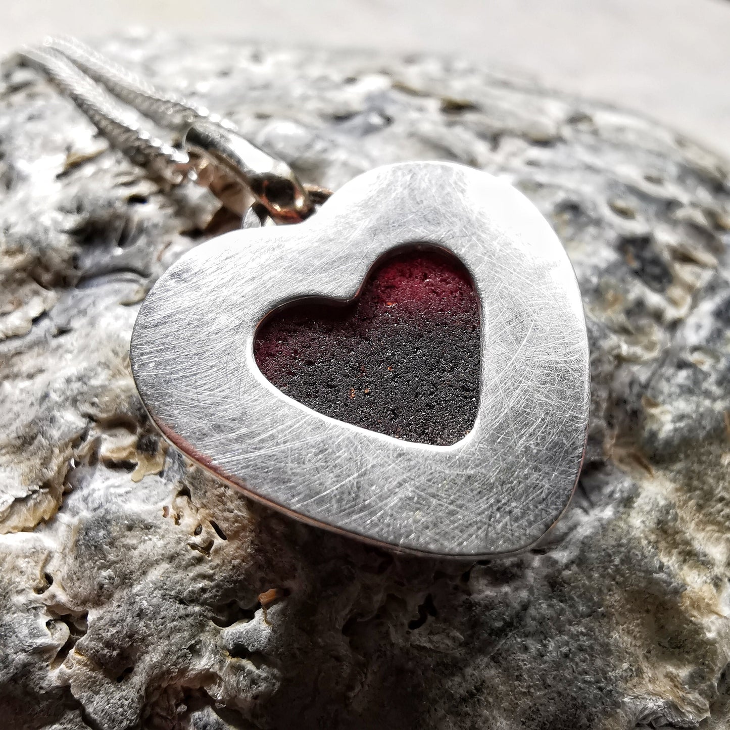 Burgundy red sea glass heart pendant, sterling silver necklace - monopatin