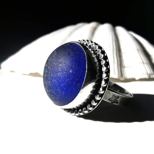 Scottish cobalt blue sea glass sterling silver ring - monopatin