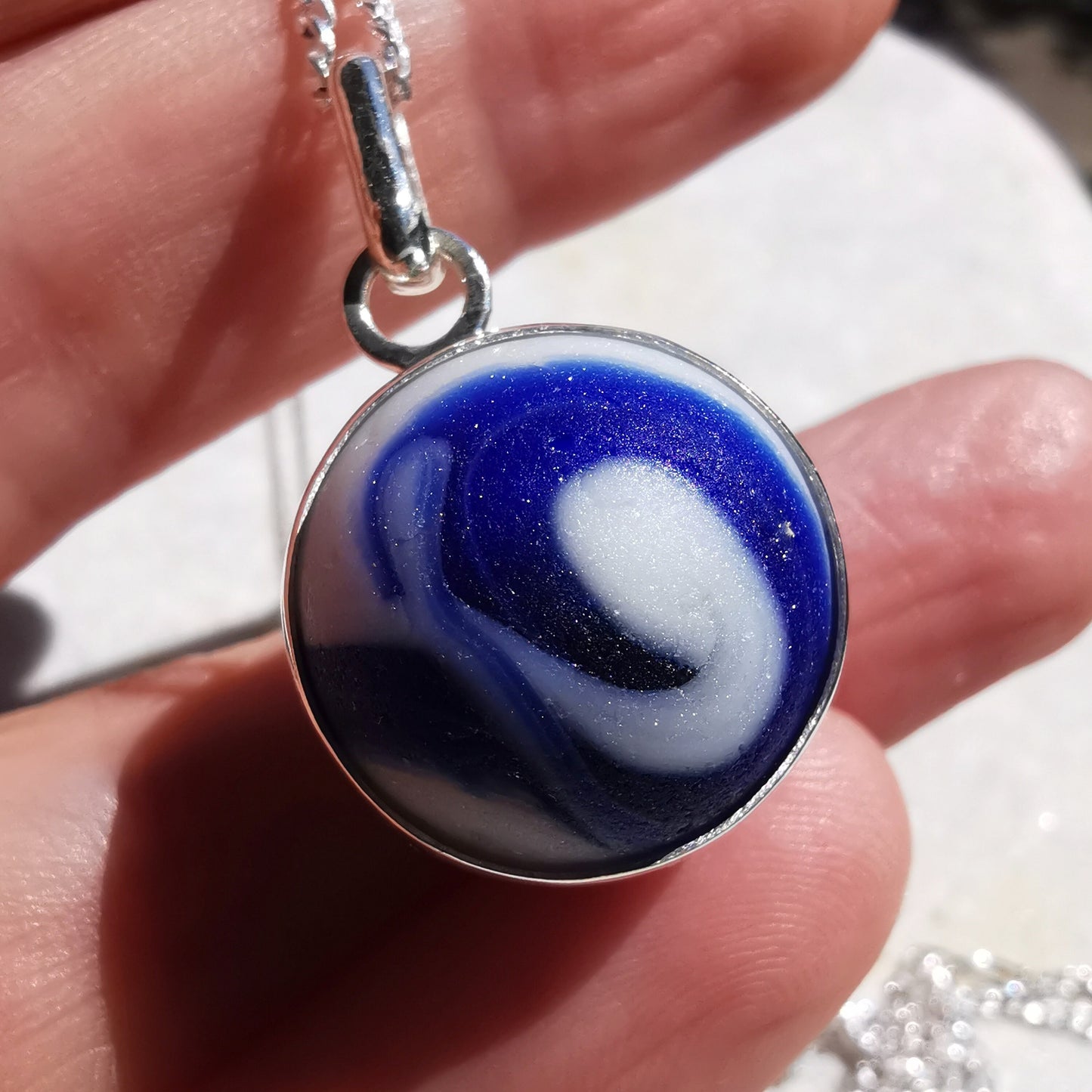 Scottish cobalt blue 'Wave' sea glass marble pendant, silver necklace - monopatin