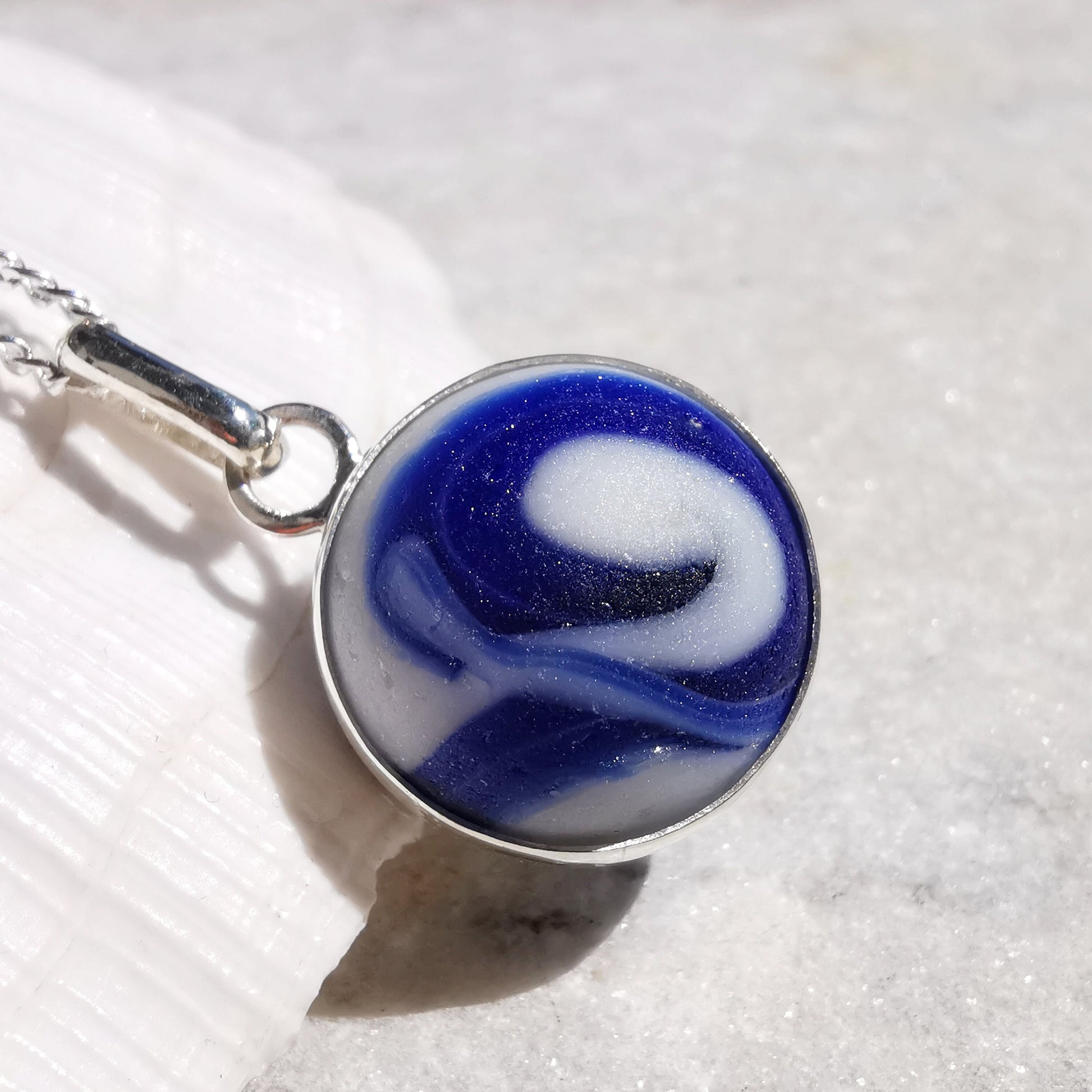 Scottish cobalt blue 'Wave' sea glass marble pendant, silver necklace - monopatin