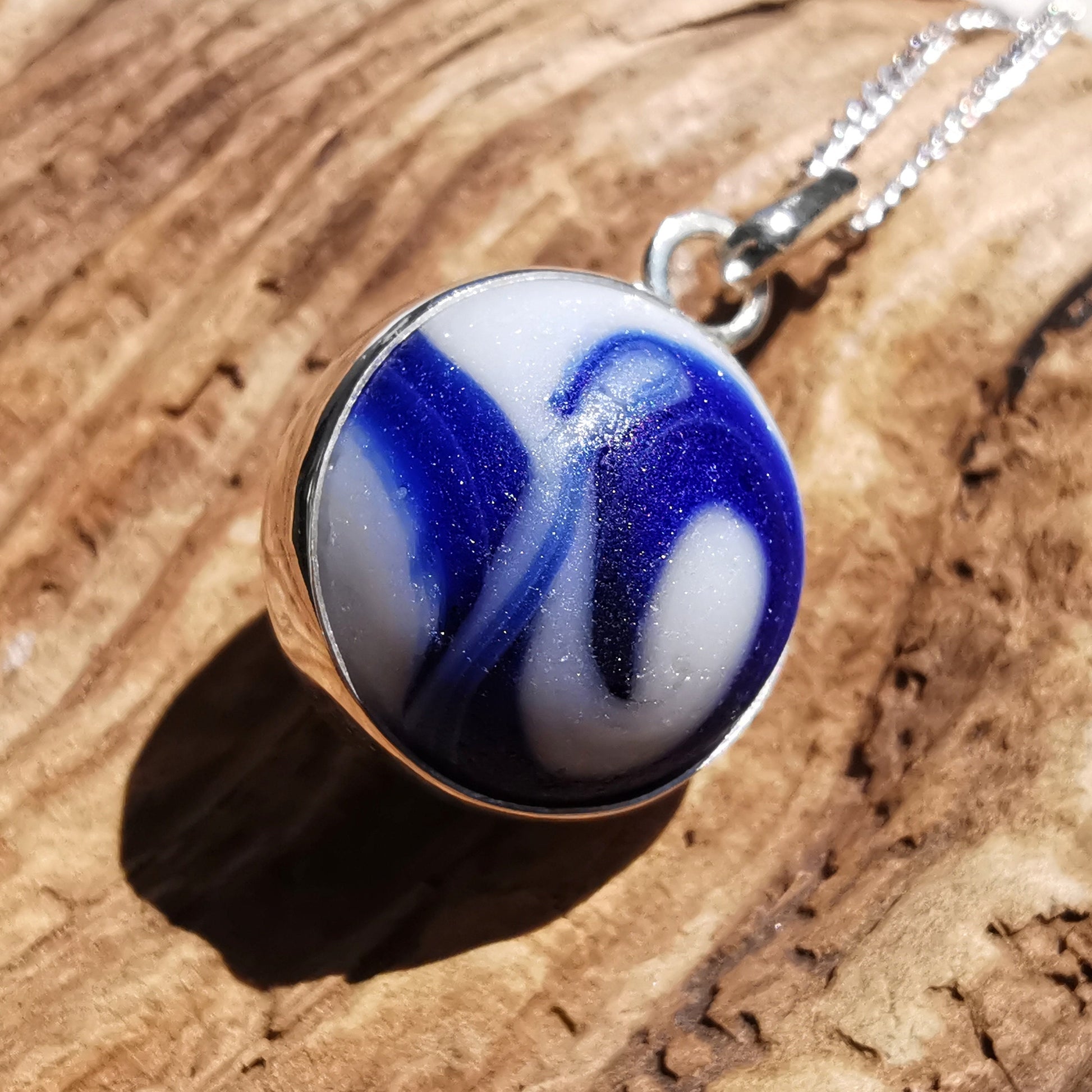 Scottish cobalt blue 'Wave' sea glass marble pendant, silver necklace - monopatin
