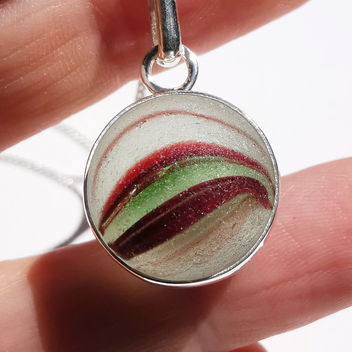 Scottish red and green sea glass marble pendant, sterling silver necklace - monopatin