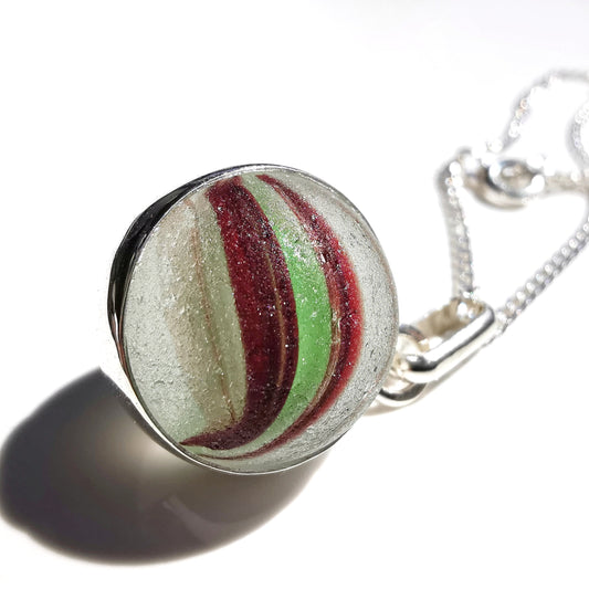 Scottish red and green sea glass marble pendant, sterling silver necklace - monopatin