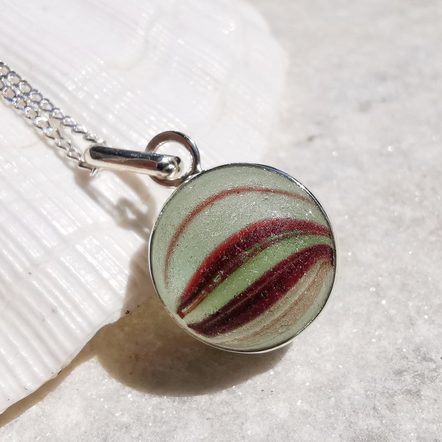 Scottish red and green sea glass marble pendant, sterling silver necklace - monopatin