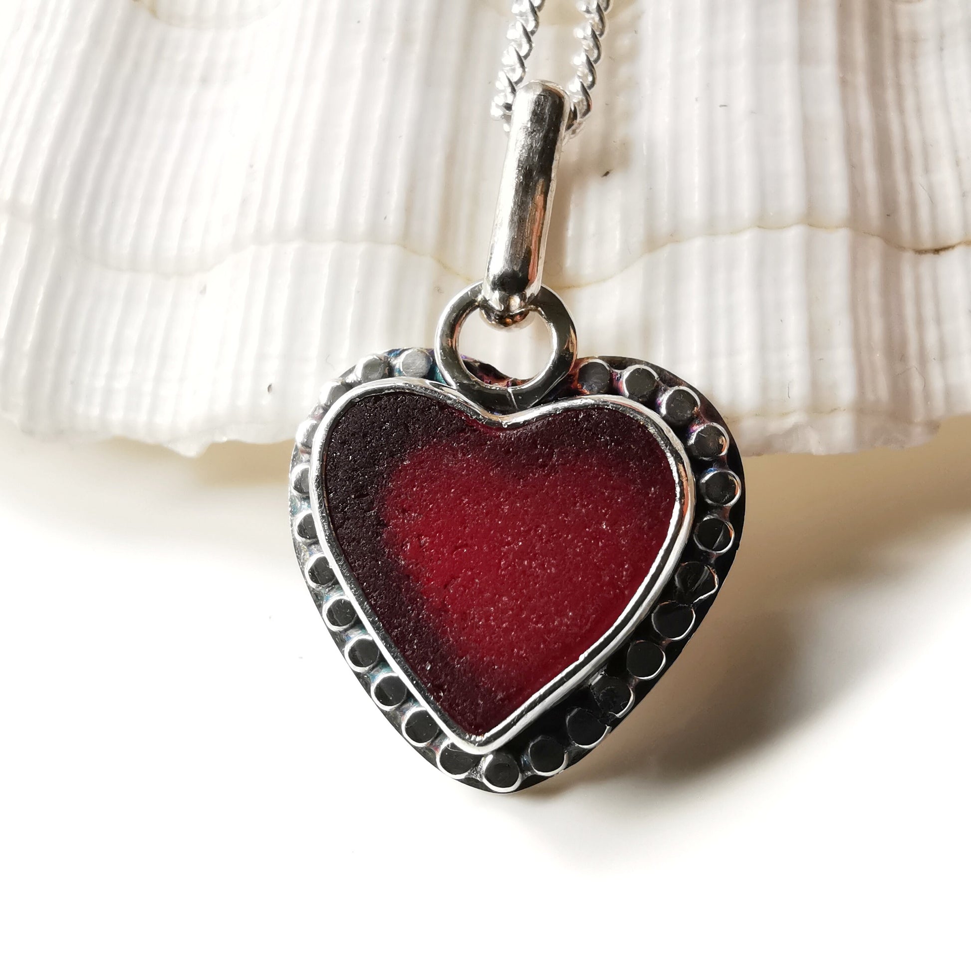 Burgundy red sea glass heart pendant, sterling silver necklace - monopatin