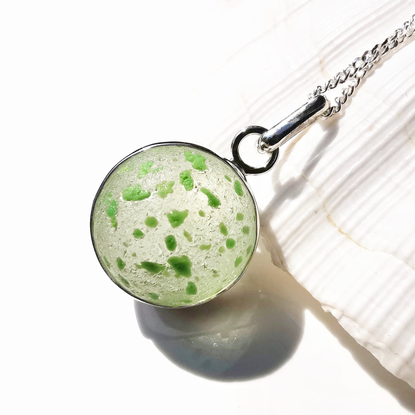 Green confetti sea glass marble pendant, sterling silver necklace - monopatin