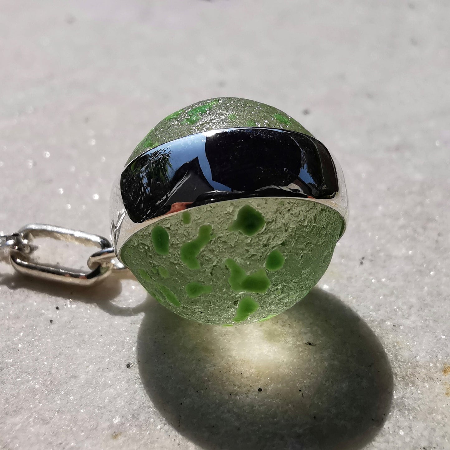 Green confetti sea glass marble pendant, sterling silver necklace - monopatin