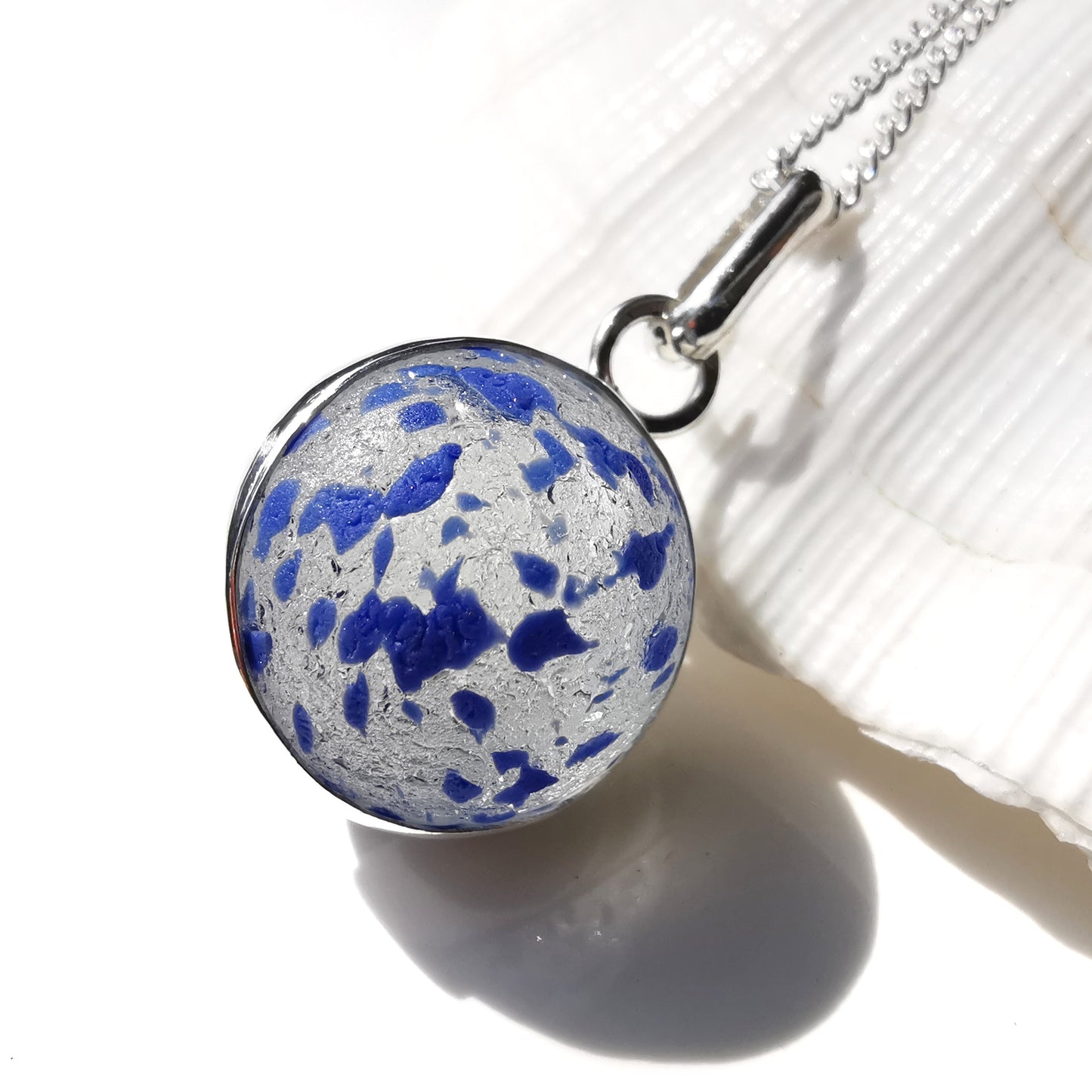 Blue confetti sea glass marble pendant, sterling silver necklace - monopatin