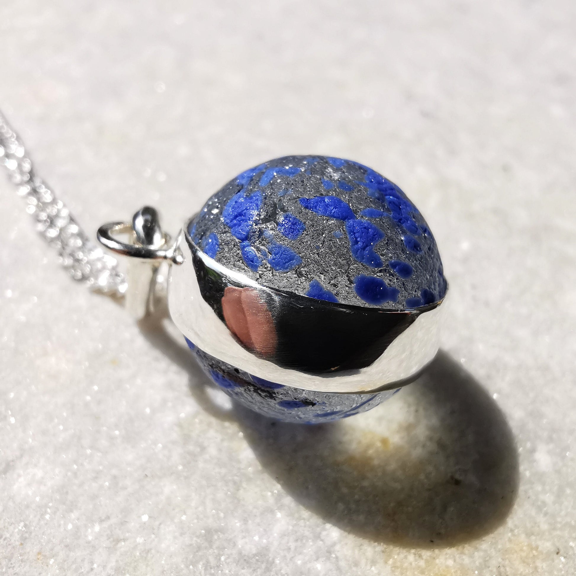 Blue confetti sea glass marble pendant, sterling silver necklace - monopatin