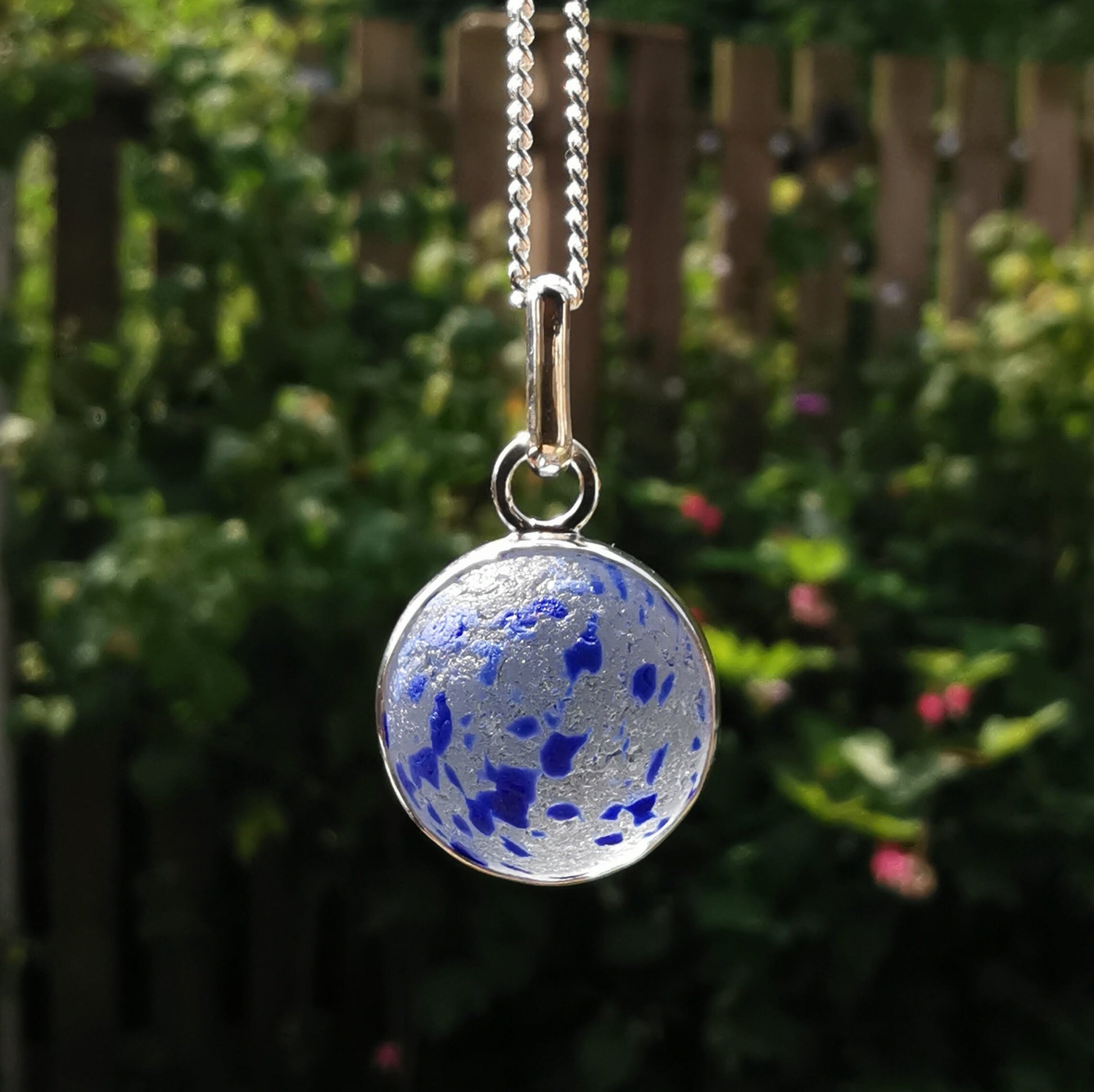 Blue confetti sea glass marble pendant, sterling silver necklace - monopatin