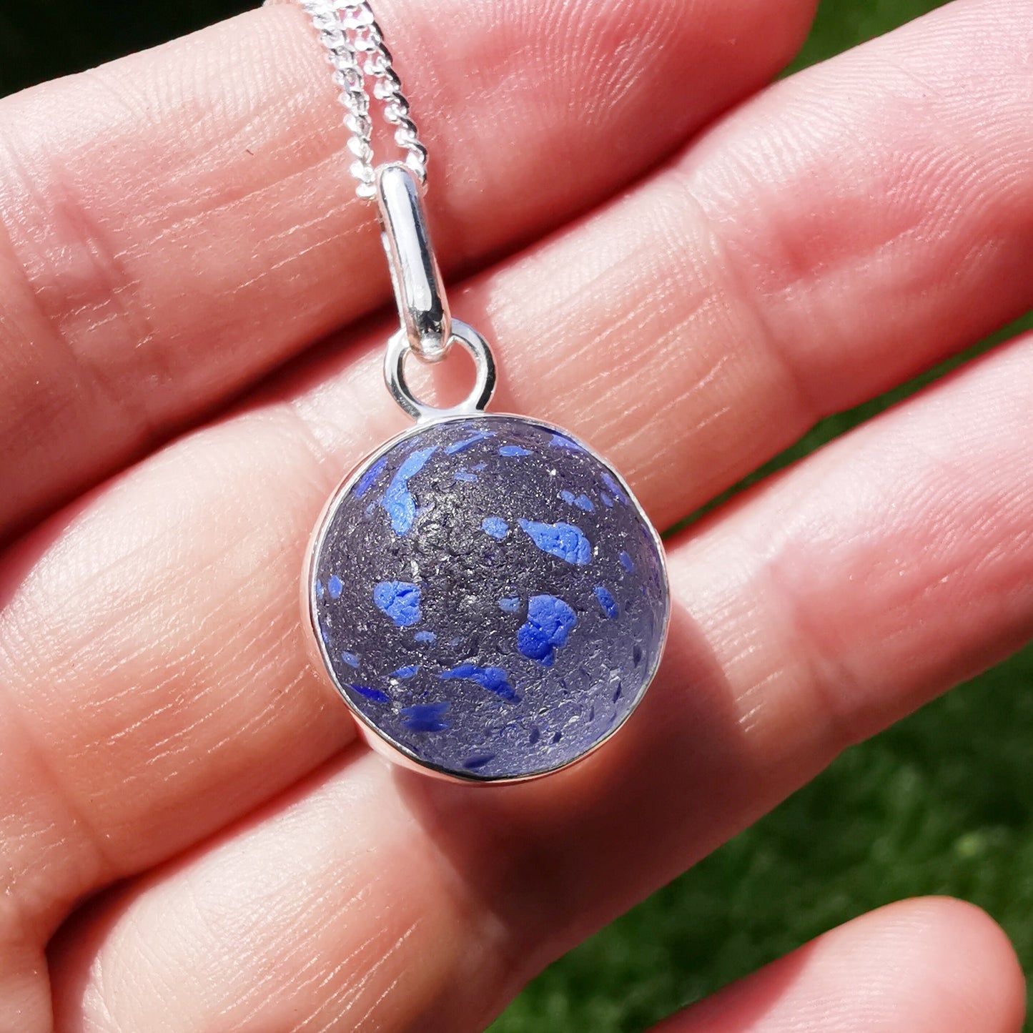 Blue confetti sea glass marble pendant, sterling silver necklace - monopatin