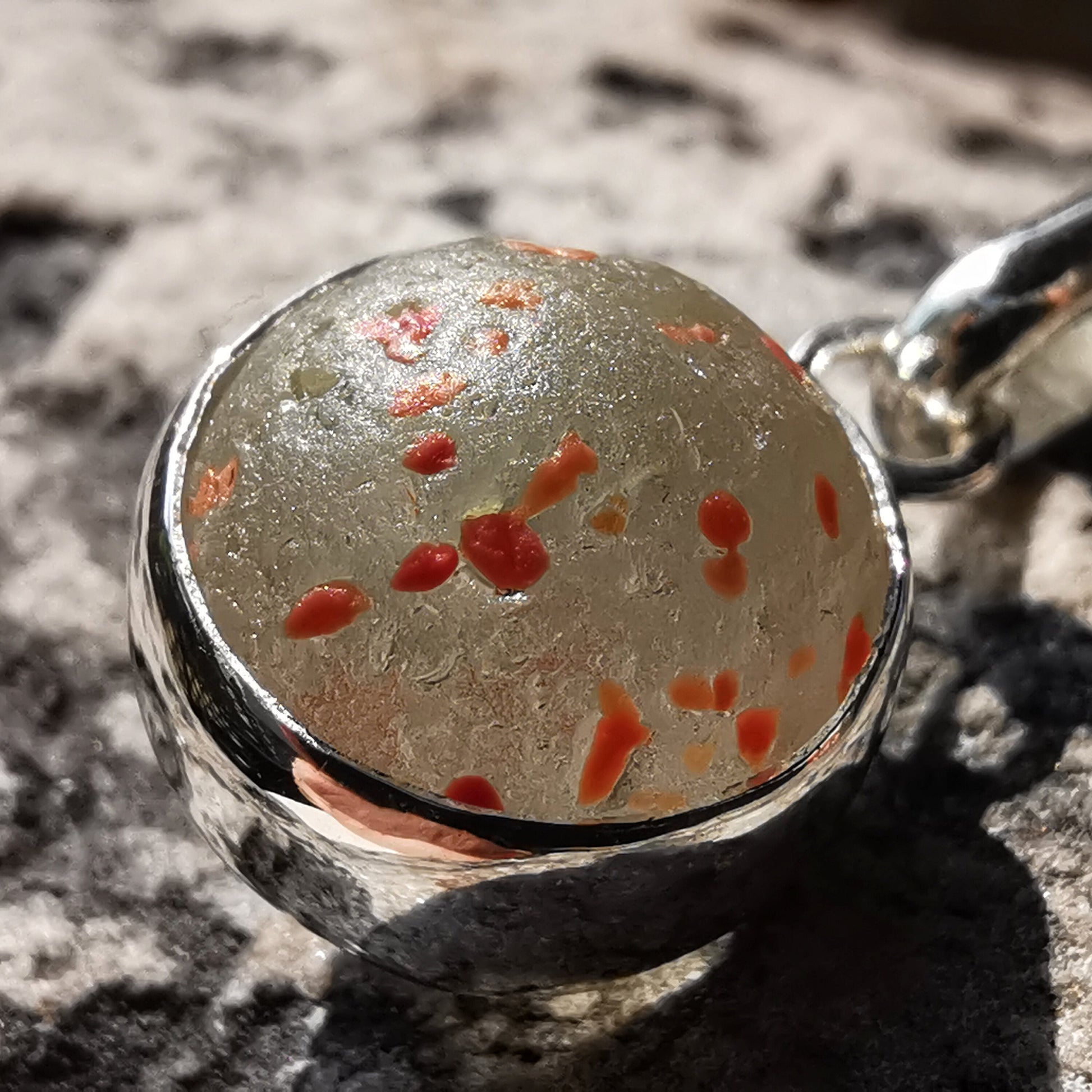 Tiny orange confetti sea glass marble pendant, sterling silver necklace - monopatin