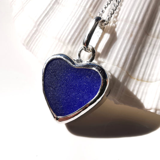 Scottish indigo blue sea glass heart pendant, sterling silver necklace - monopatin