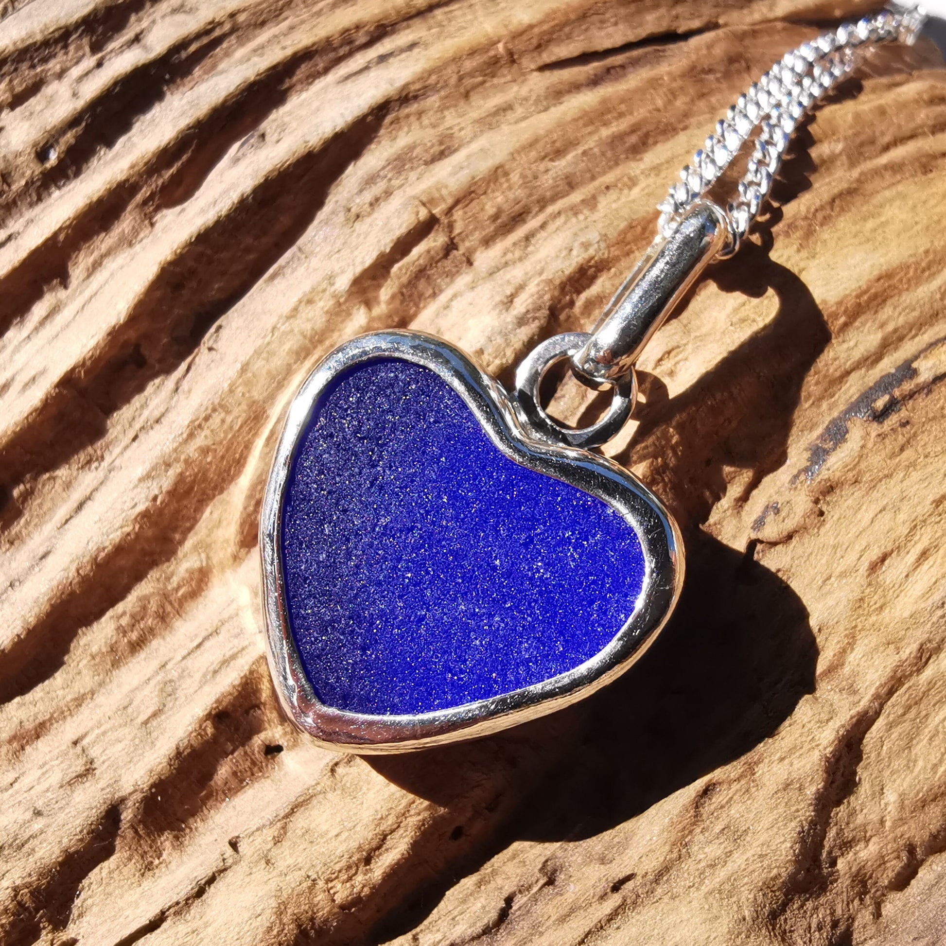 Scottish indigo blue sea glass heart pendant, sterling silver necklace - monopatin